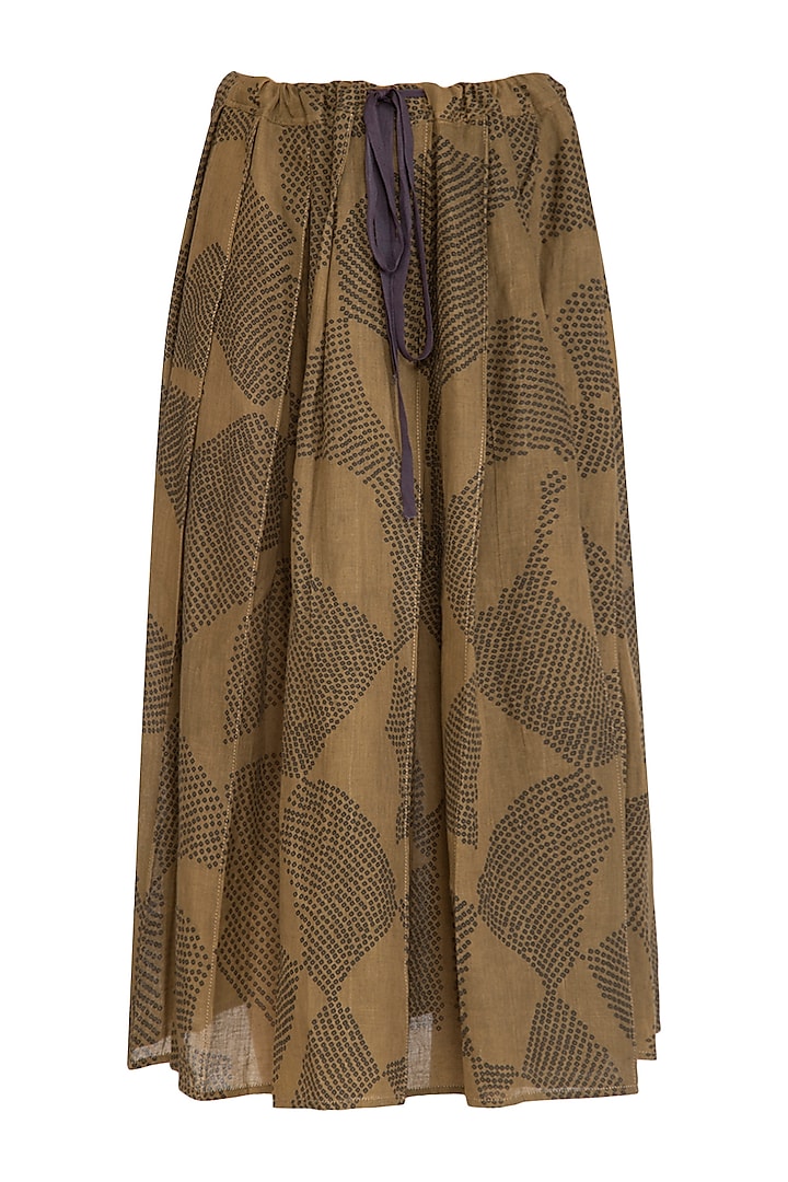 Olive Green Shibori Printed Pleated Skirt by Urvashi Kaur at Pernia's Pop Up Shop