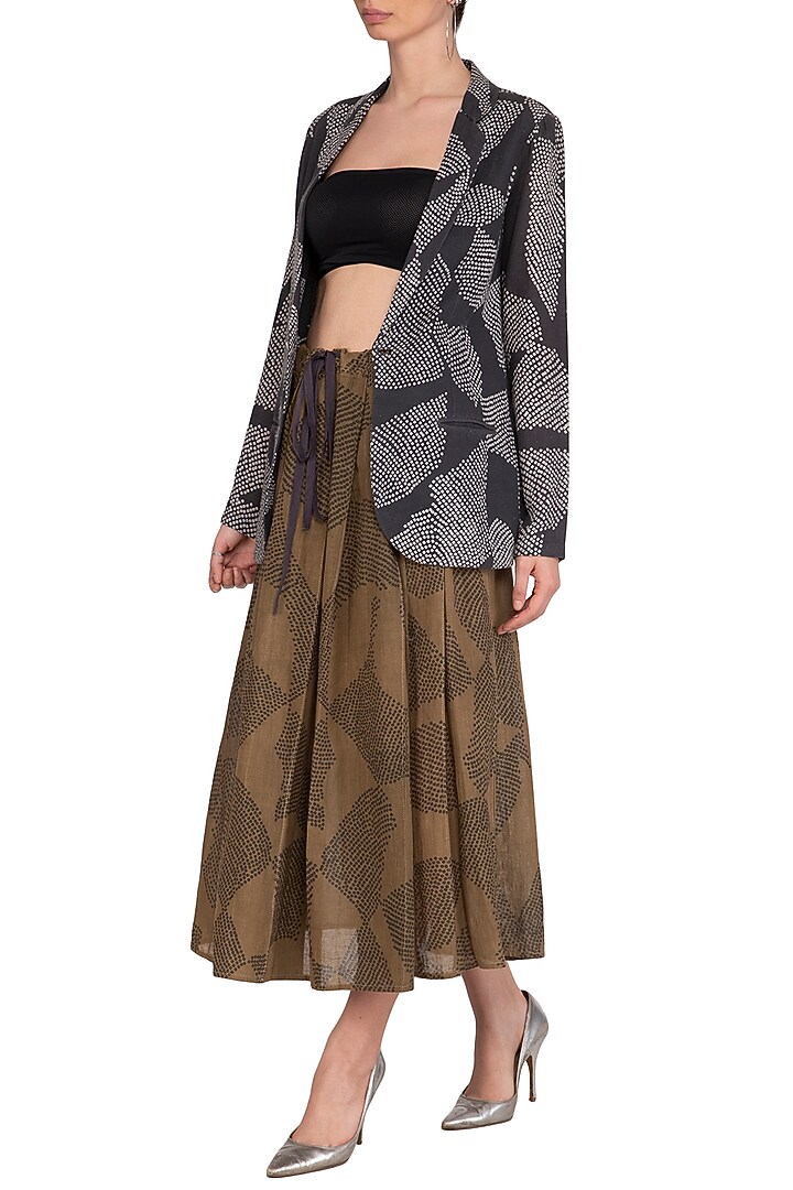 Olive Green Shibori Printed Pleated Skirt by Urvashi Kaur at Pernia's Pop Up Shop