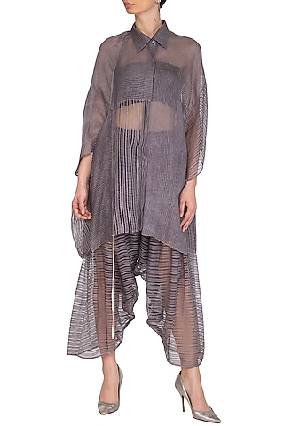 Grey Block Printed Oversized Sheer Shirt by Urvashi Kaur