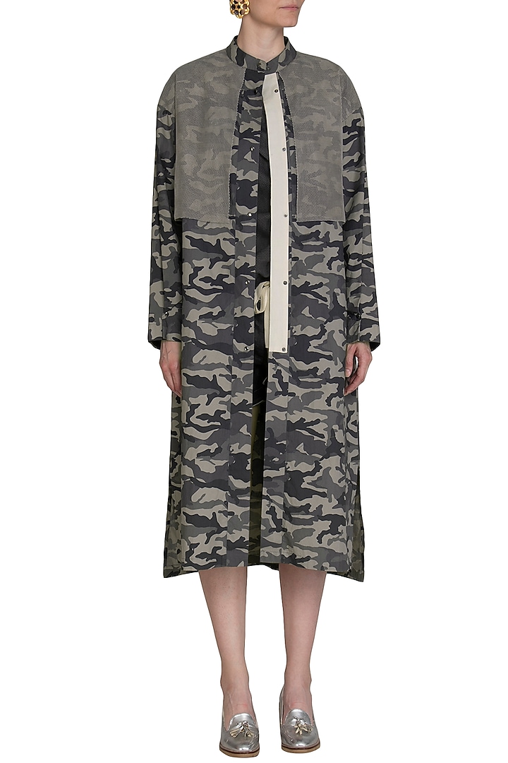 Light Grey Camouflage Mesh Trench by Kapda By Urvashi Kaur at Pernia's Pop Up Shop
