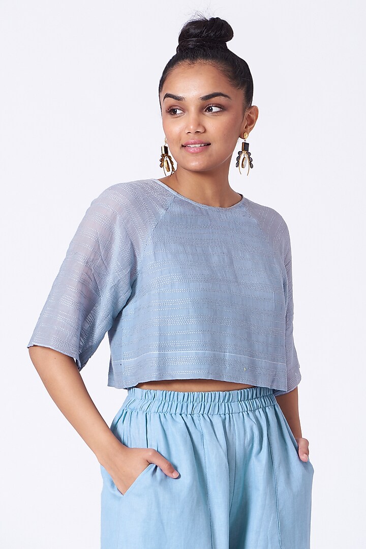 Tranquil Blue Silk Cotton Crop Top by Urvashi Kaur at Pernia's Pop Up Shop