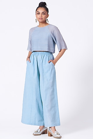Tranquil Blue Cotton Linen Slouchy Pants by Urvashi Kaur
