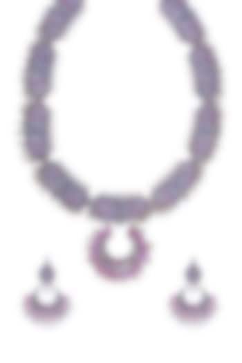 White Finish Synthetic Stone & Pearl Handcrafted Long Necklace Set by Utkala
