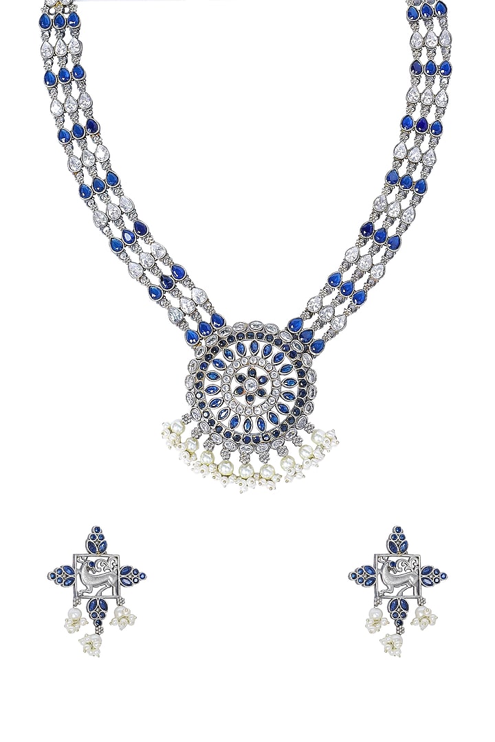 White Finish Aqua Synthetic Stone Handcrafted Long Necklace Set by Utkala
