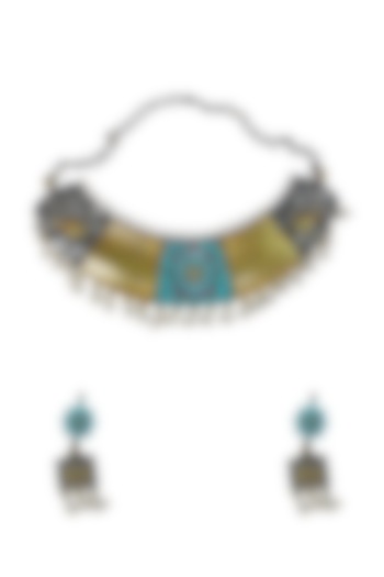 Gold Finish Turquoise Stone Handmade Choker Necklace Set by Utkala at Pernia's Pop Up Shop