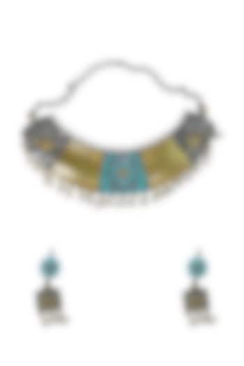 Gold Finish Turquoise Stone Handmade Choker Necklace Set by Utkala