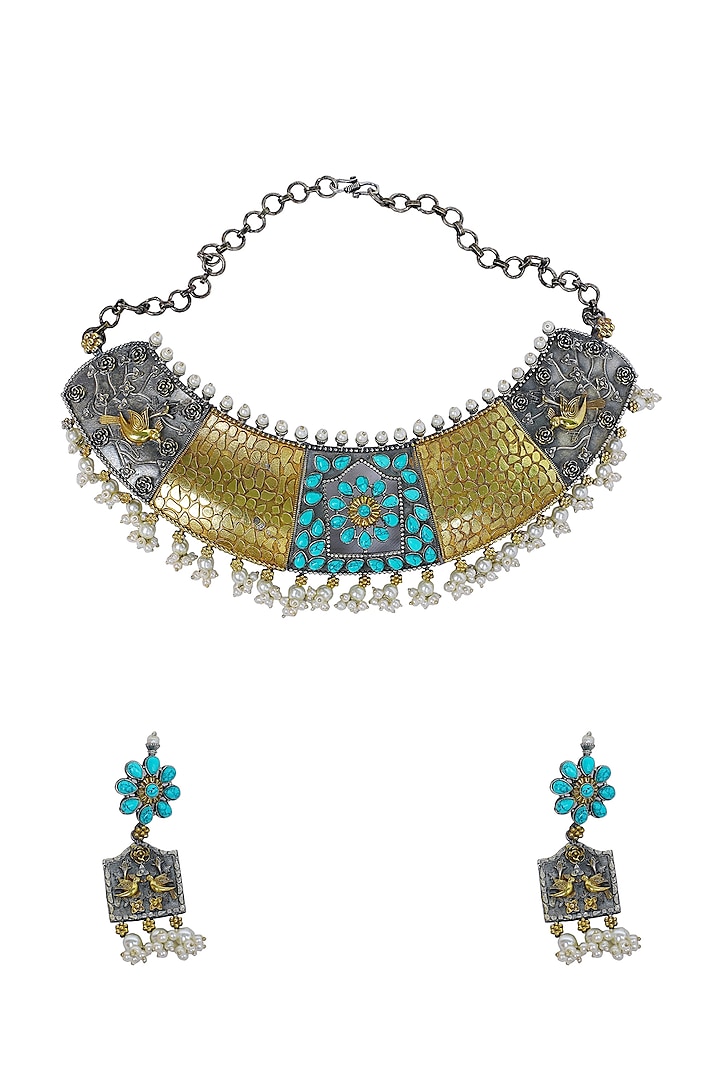 Gold Finish Turquoise Stone Handmade Choker Necklace Set by Utkala