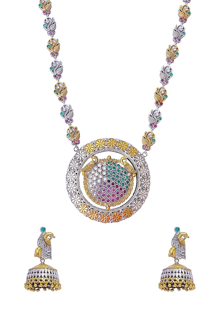 Two Tone Finish Multi-Colored Synthetic Stone Long Necklace Set by Utkala