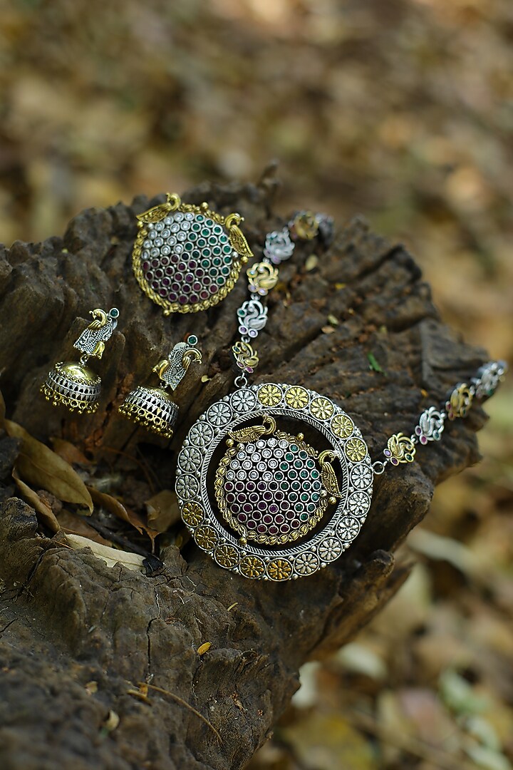 Two Tone Finish Multi-Colored Synthetic Stone Long Necklace Set by Utkala at Pernia's Pop Up Shop