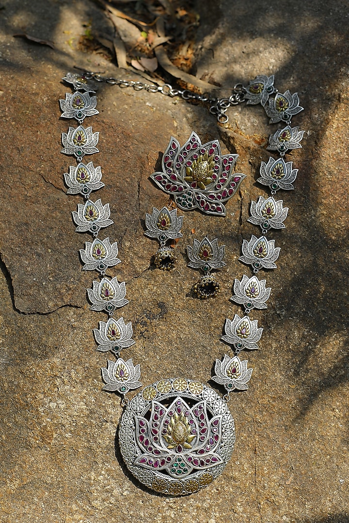 Two Tone Finish Multi-Colored Synthetic Stones Long Necklace Set by Utkala