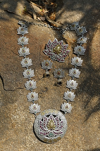 Two Tone Finish Multi-Colored Synthetic Stones Long Necklace Set by Utkala