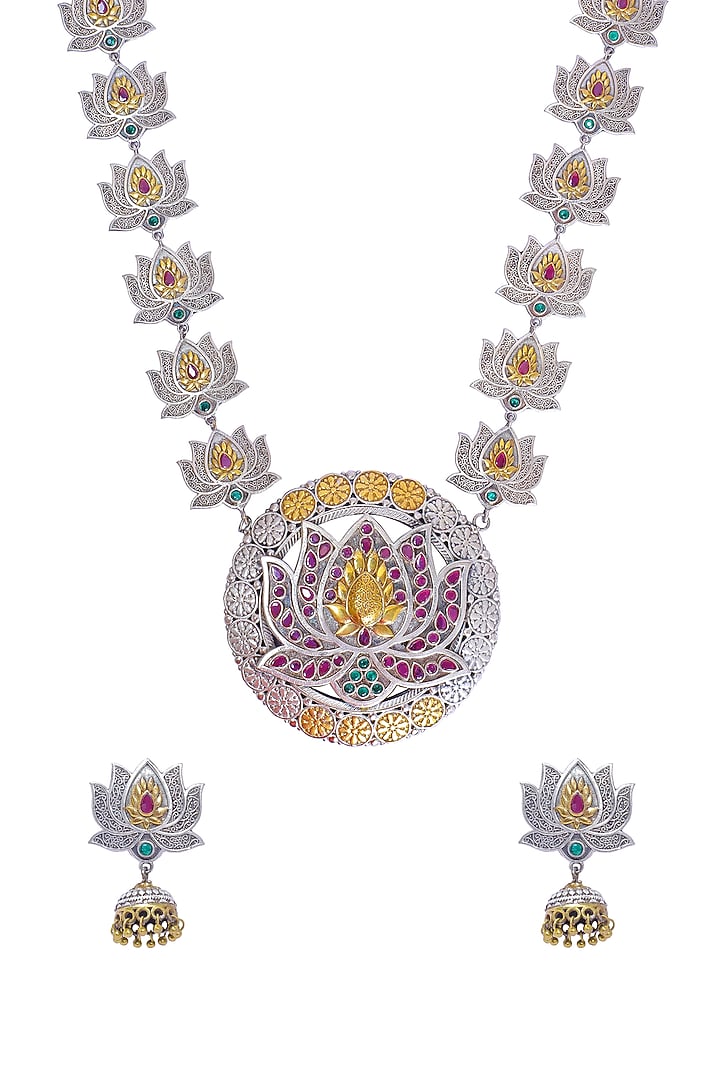 Two Tone Finish Multi-Colored Synthetic Stones Long Necklace Set by Utkala at Pernia's Pop Up Shop