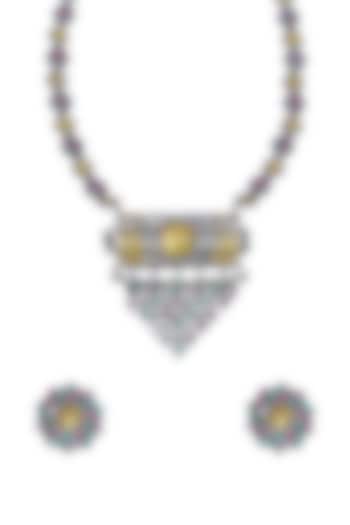 Two Tone Finish Long Necklace Set With Multi-Colored Synthetic Stones by Utkala