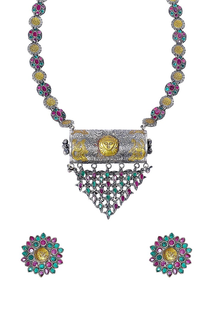 Two Tone Finish Long Necklace Set With Multi-Colored Synthetic Stones by Utkala