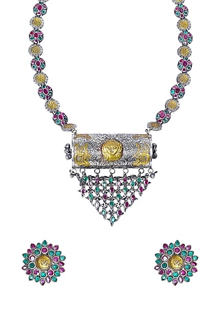 Two Tone Finish Long Necklace Set With Multi-Colored Synthetic Stones by Utkala