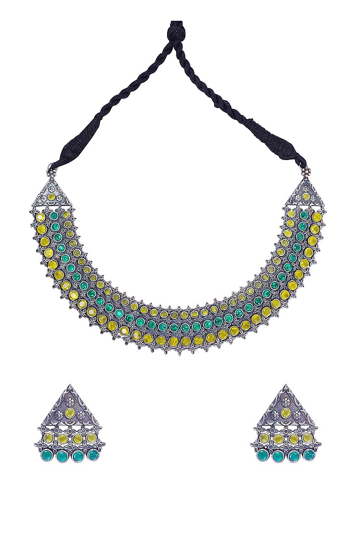 White Finish Multi-Colored Synthetic Stone Necklace Set by Utkala