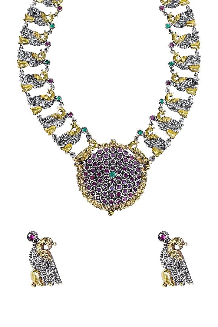 Two Tone Finish Multi-Colored Synthetic Stone Peacock Necklace Set by Utkala