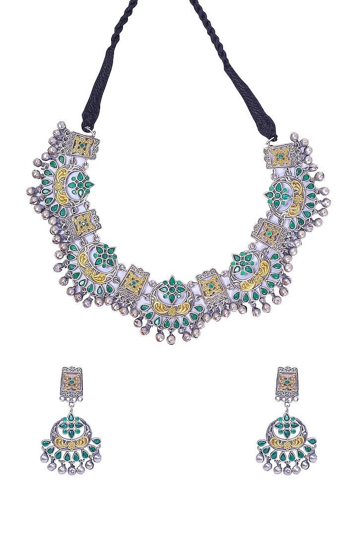 Two Tone Finish Green Synthetic Stone Necklace Set by Utkala
