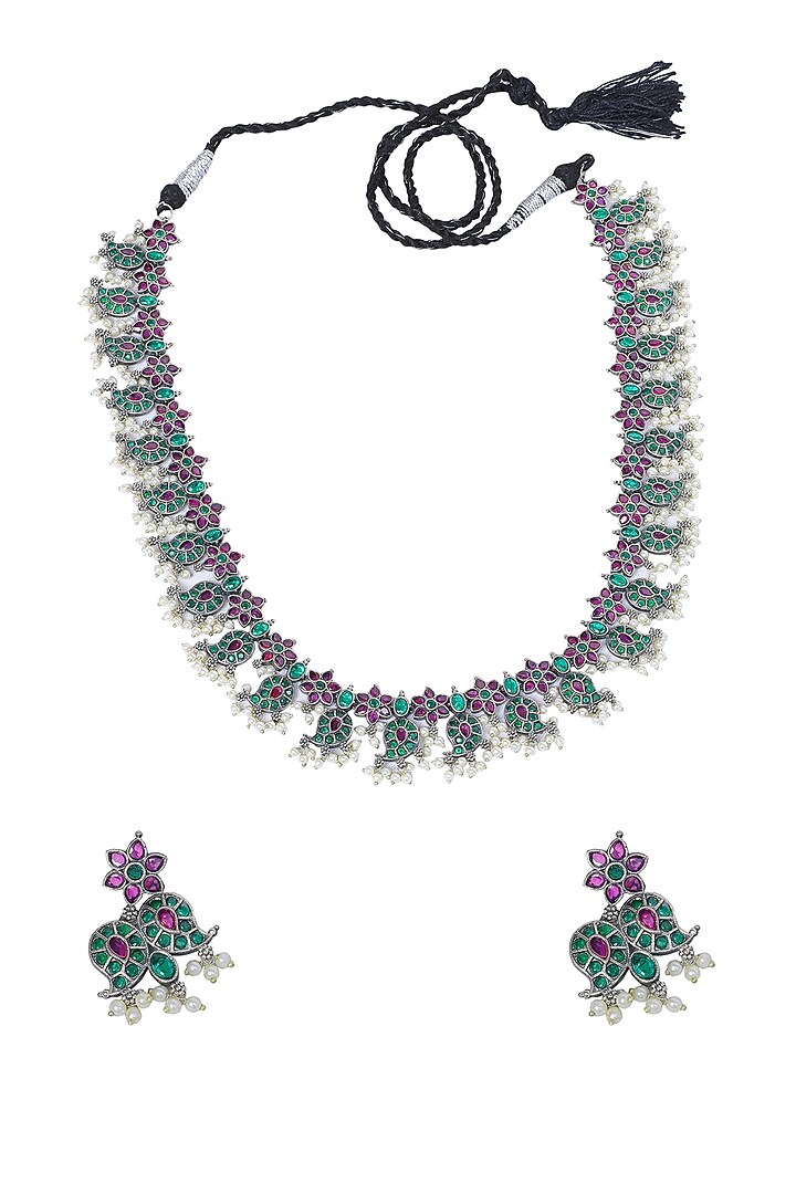 White Finish Multi-Colored Synthetic Stone Long Necklace Set by Utkala