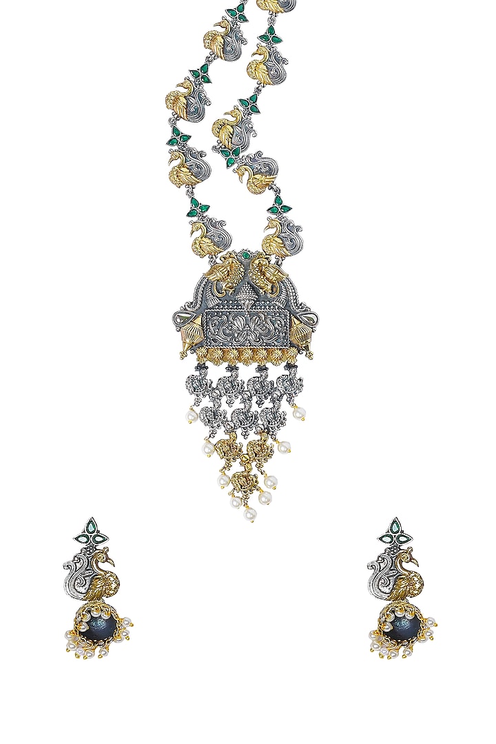 Two Tone Finish Green Synthetic Stone Long Necklace Set by Utkala