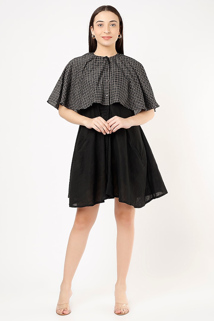 Black Linen & Handwoven Cotton Cape Dress by VAANI BESWAL