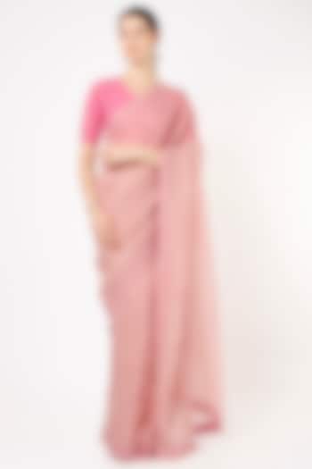 Pink Handwoven Silk Organza Saree Set by VAANI BESWAL