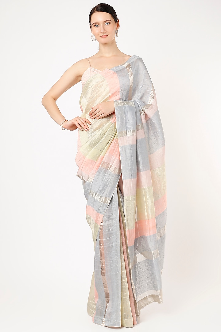 Multi-Colored Handwoven Linen Zari Saree by VAANI BESWAL