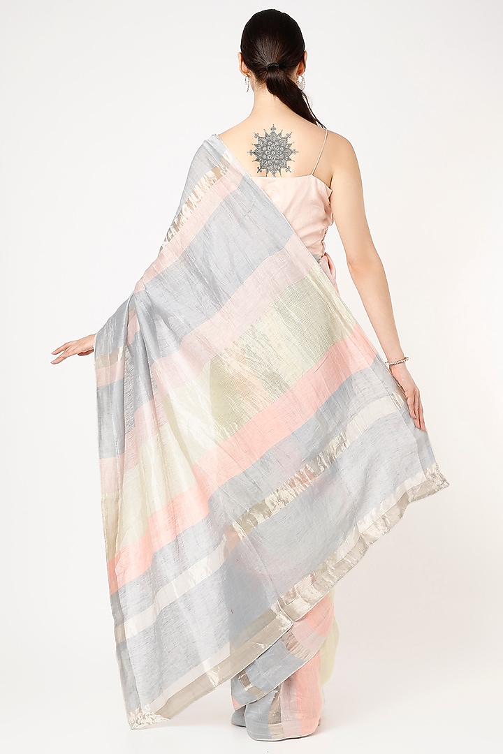 Multi-Colored Handwoven Linen Zari Festive Saree by VAANI BESWAL at Pernia's Pop Up Shop