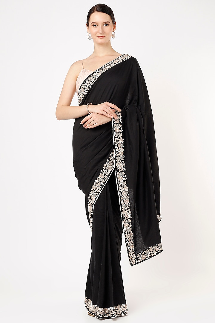 Black Hand Embroidered Saree by VAANI BESWAL
