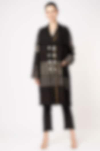 Black Handwoven Linen Zari Double-Breasted Trench Coat by VAANI BESWAL