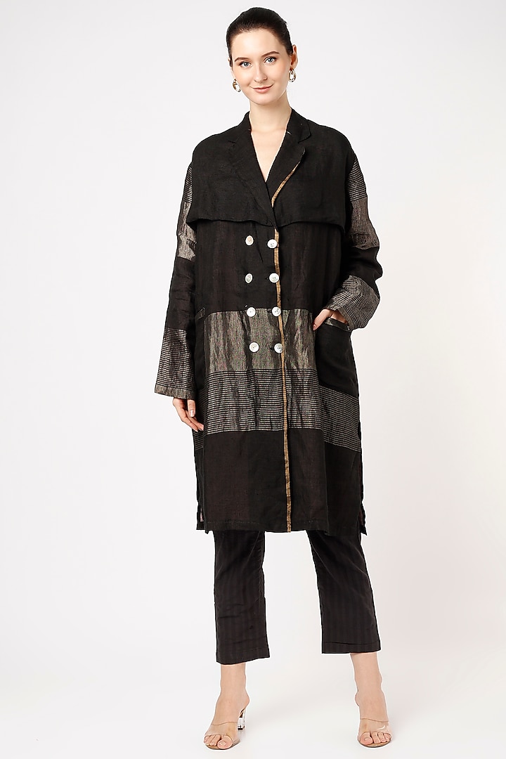 Black Handwoven Linen Zari Double-Breasted Trench Coat by VAANI BESWAL