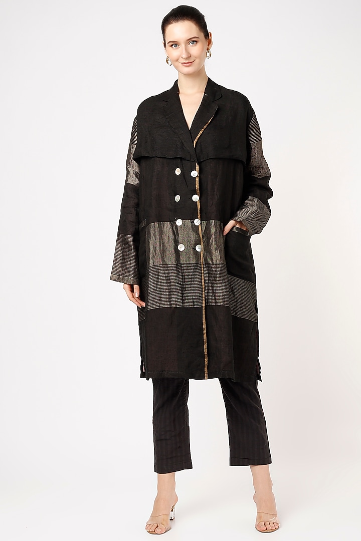Black Handwoven Linen Zari Double-Breasted Trench Coat by VAANI BESWAL at Pernia's Pop Up Shop