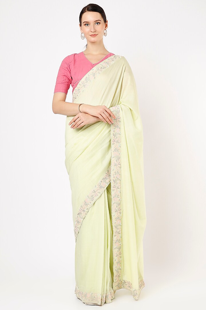 Lime Hand Embroidered Saree by VAANI BESWAL