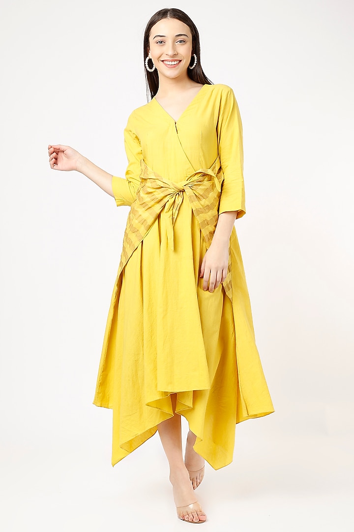 Yellow Cotton Wrapped Dress by VAANI BESWAL