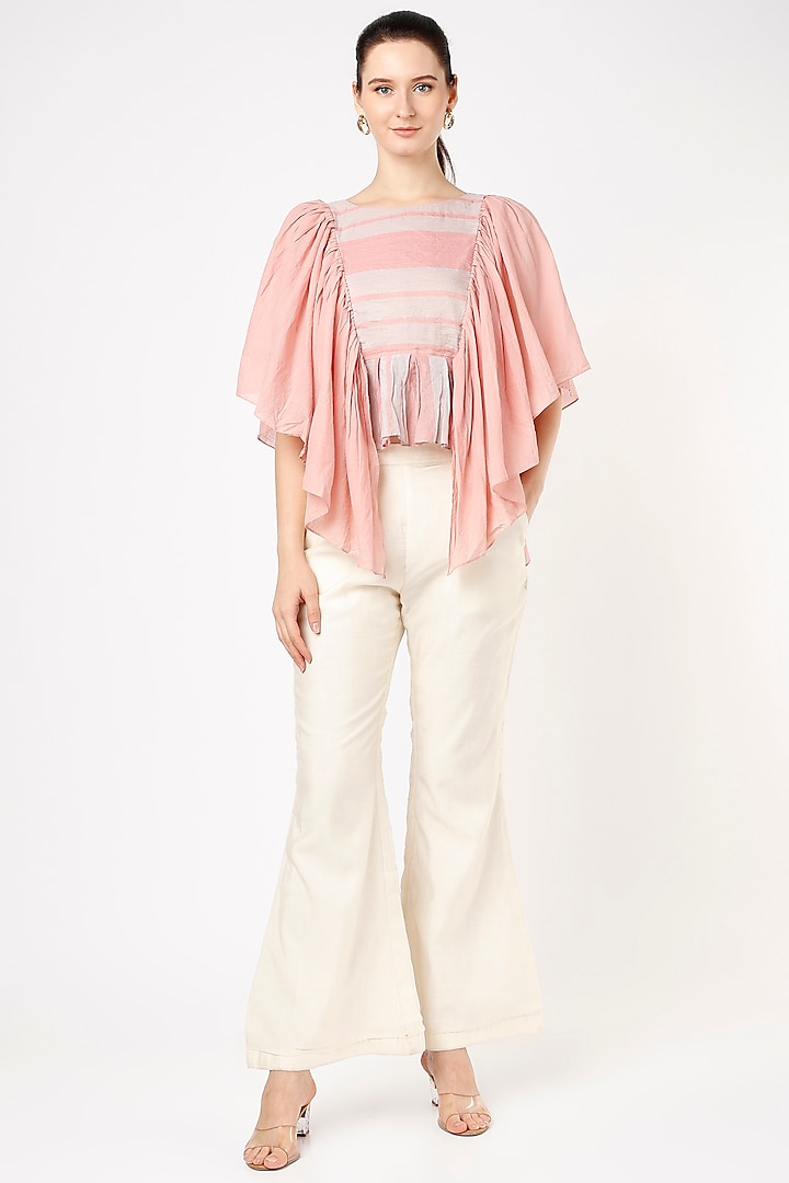 Blush Pink Handwoven Striped Zari Cotton Butterfly Top by VAANI BESWAL
