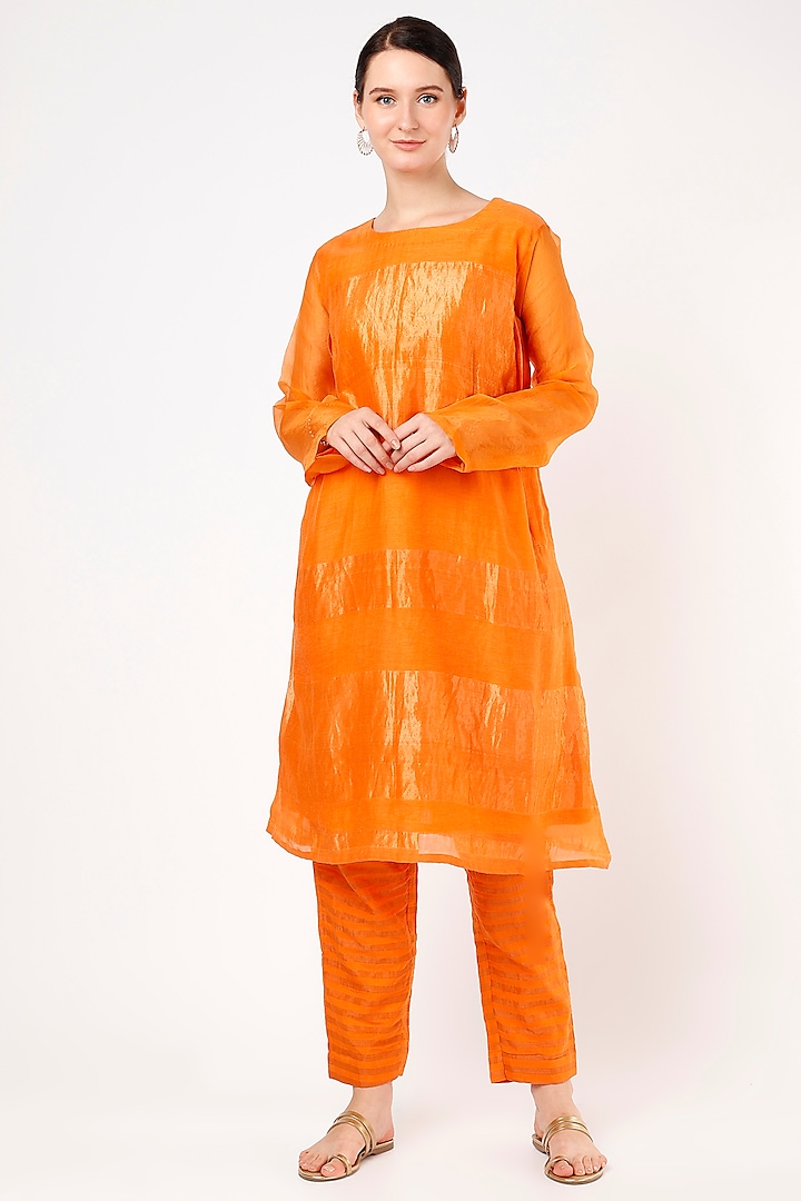 Orange Handwoven Zari Cotton Silk Kurta Set by VAANI BESWAL