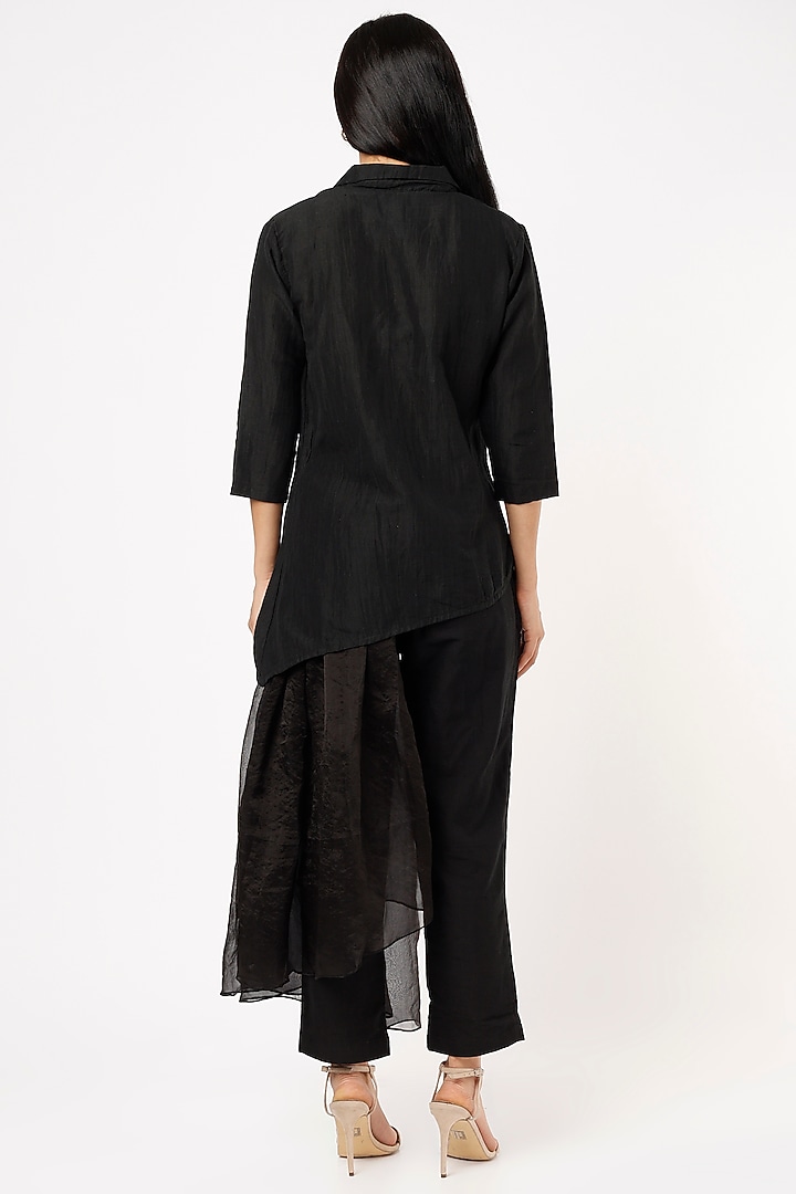 Black Asymmetrical Top With Attached Plated Belt Skirt by VAANI BESWAL at Pernia's Pop Up Shop