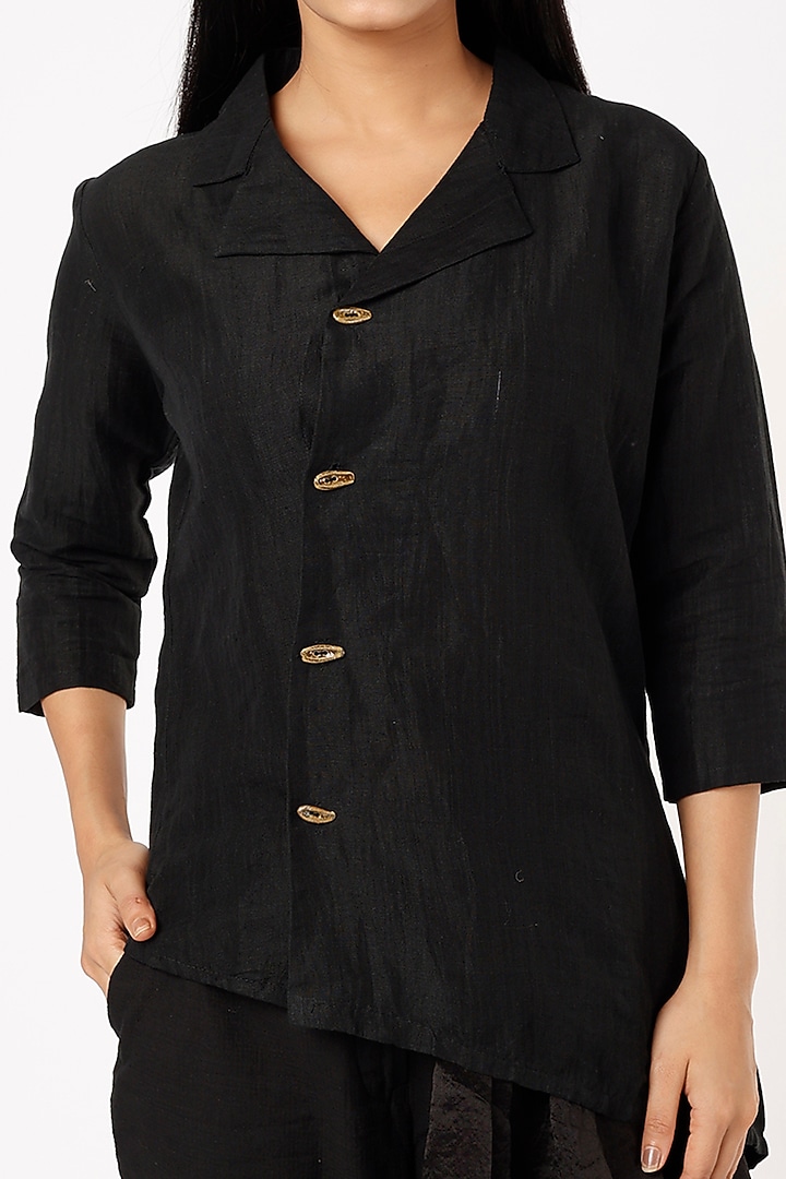 Black Asymmetrical Top With Attached Plated Belt Skirt by VAANI BESWAL at Pernia's Pop Up Shop