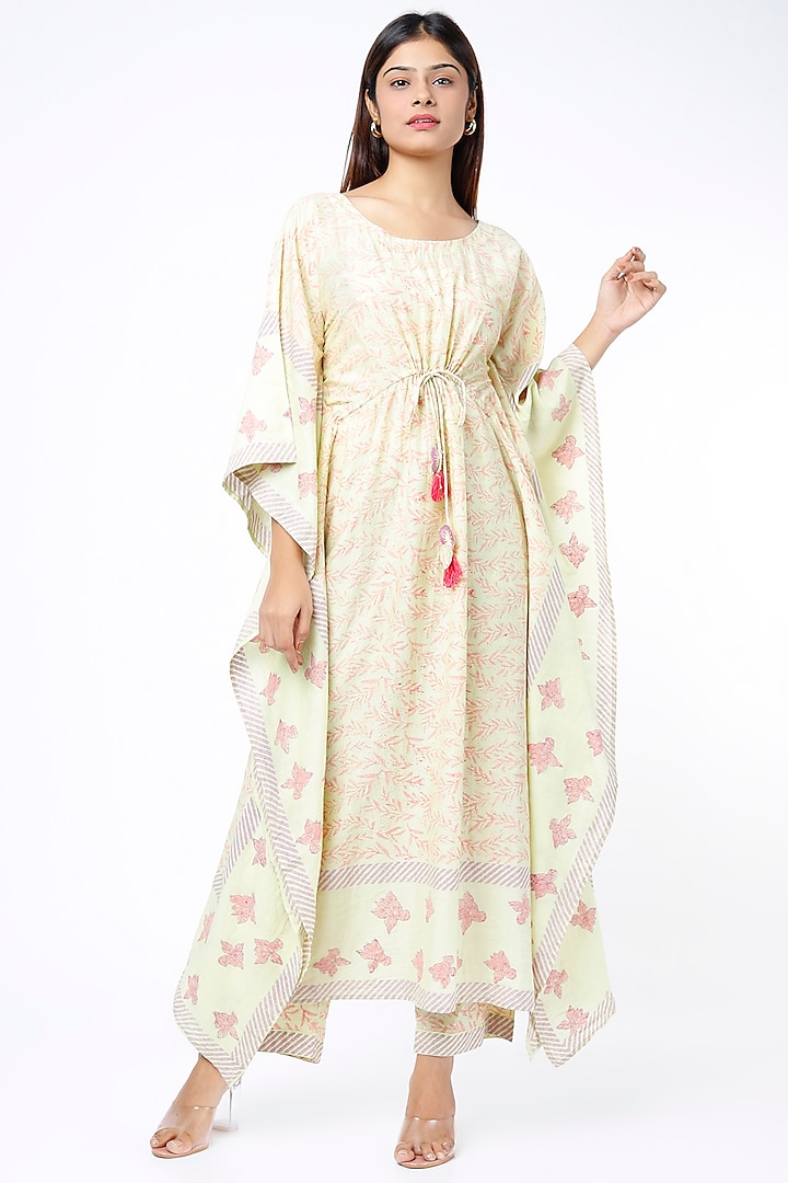 Light Yellow Embroidered Kaftan Set by VAANI BESWAL
