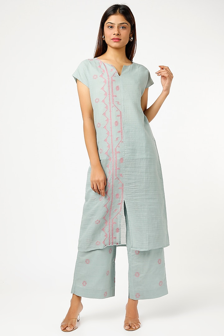 Powder Blue Cotton Silk Kurta Set by VAANI BESWAL at Pernia's Pop Up Shop