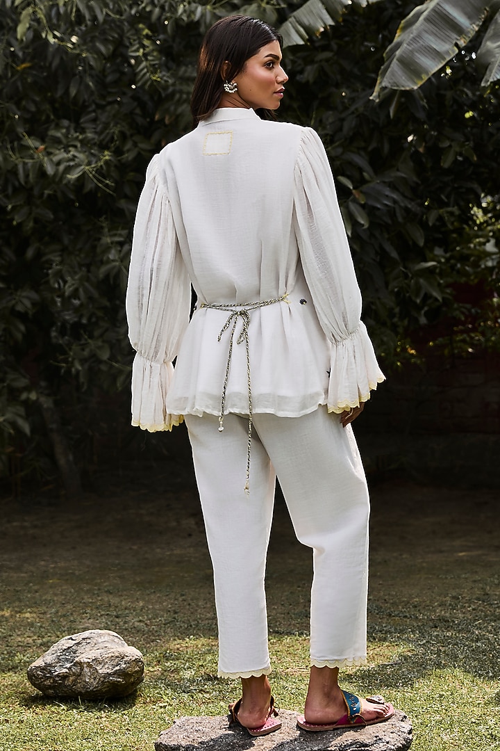 Ivory Handwoven Chanderi Hand Applique Work Co-Ord Set by VAANI BESWAL at Pernia's Pop Up Shop