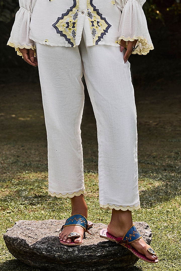 Ivory Handwoven Chanderi Hand Applique Work Co-Ord Set by VAANI BESWAL at Pernia's Pop Up Shop