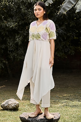 Ivory Handwoven Chanderi Asymmetrical Tunic Set by VAANI BESWAL
