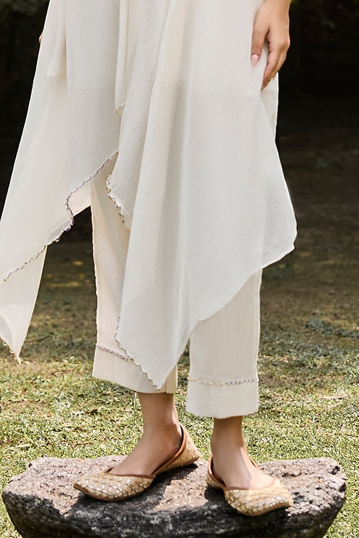 Ivory Handwoven Chanderi Asymmetrical Tunic Set by VAANI BESWAL at Pernia's Pop Up Shop