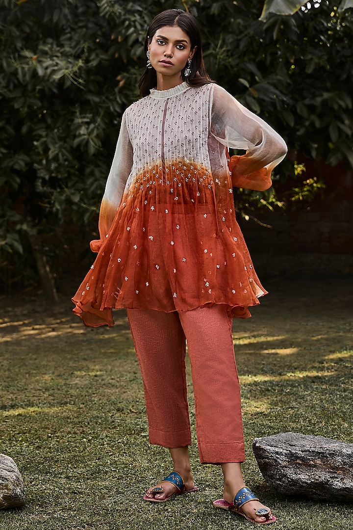 Rust & Ivory Handwoven Organza Tunic Set by VAANI BESWAL at Pernia's Pop Up Shop