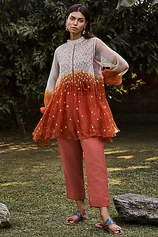 Rust & Ivory Handwoven Organza Tunic Set by VAANI BESWAL