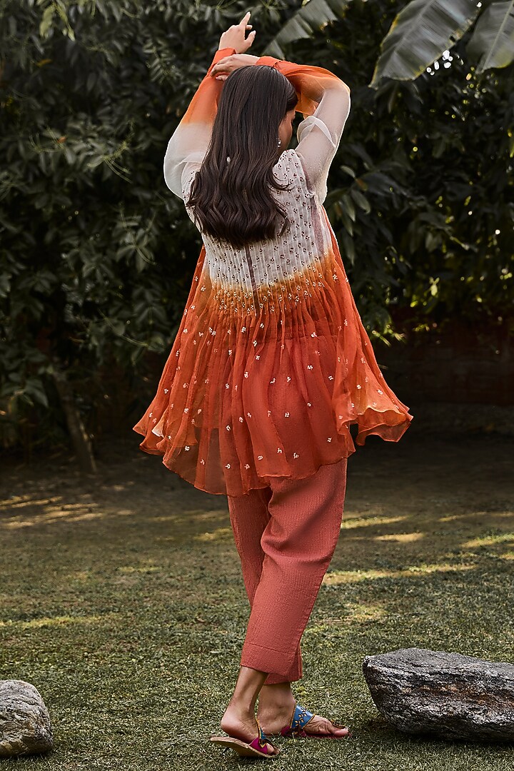 Rust & Ivory Handwoven Organza Tunic Set by VAANI BESWAL at Pernia's Pop Up Shop