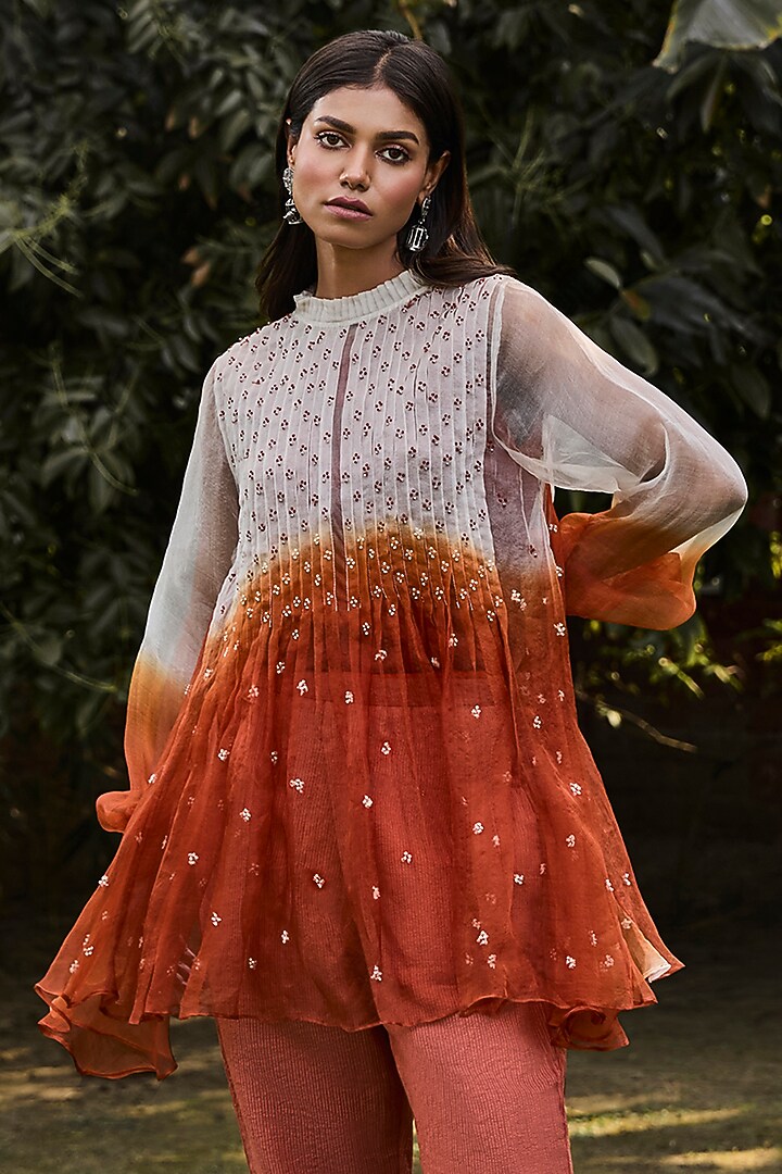Rust & Ivory Handwoven Organza Tunic Set by VAANI BESWAL at Pernia's Pop Up Shop