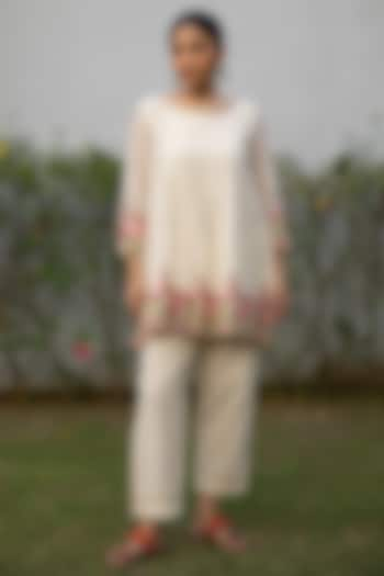 Ivory & Rust Handwoven Cotton Silk Hand Embroidered Tunic Set by VAANI BESWAL at Pernia's Pop Up Shop