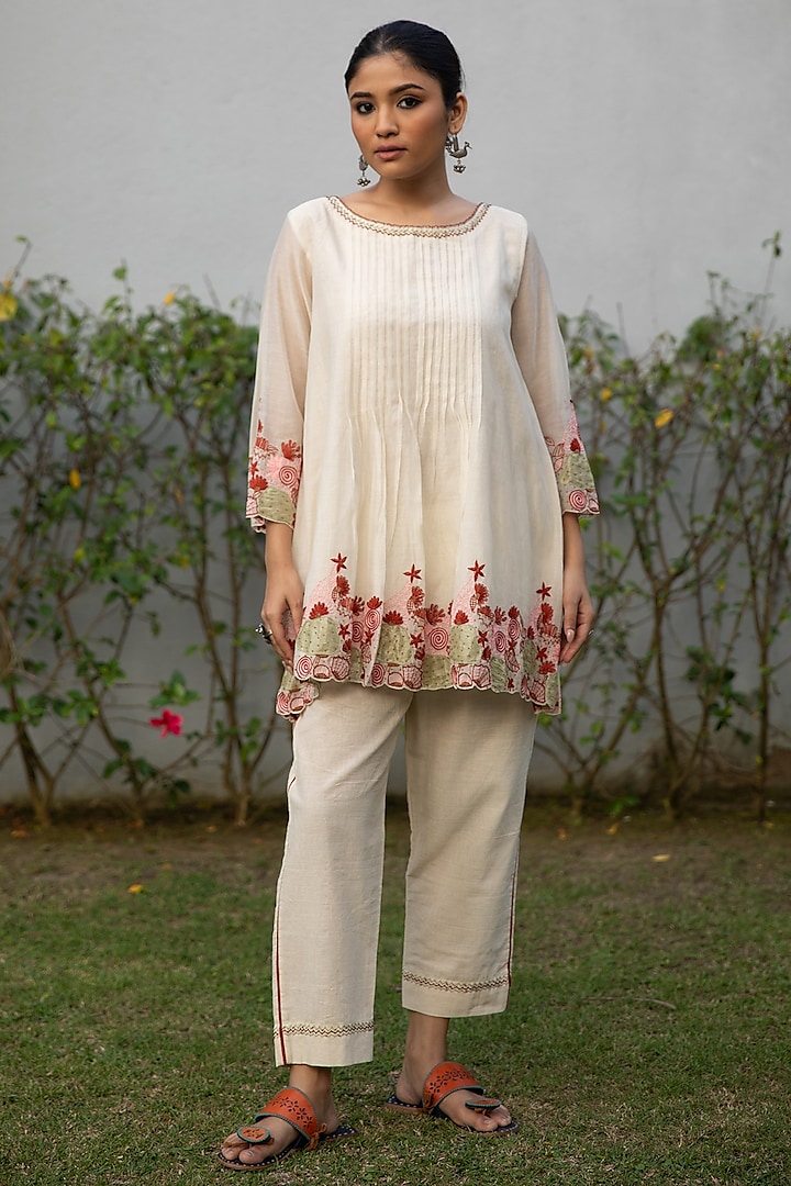 Ivory & Rust Handwoven Cotton Silk Hand Embroidered Tunic Set by VAANI BESWAL at Pernia's Pop Up Shop